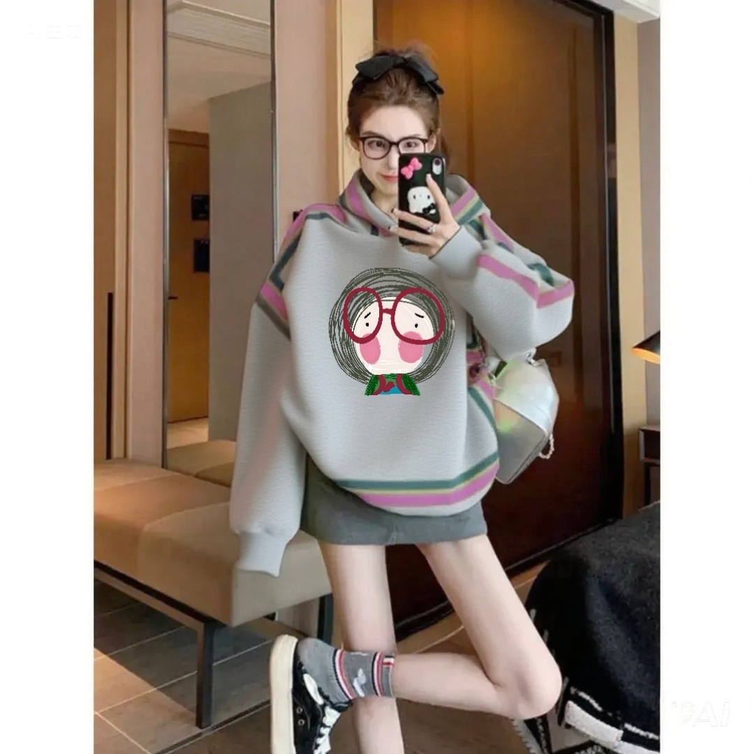 灰色连帽设计感秋冬款卫衣女