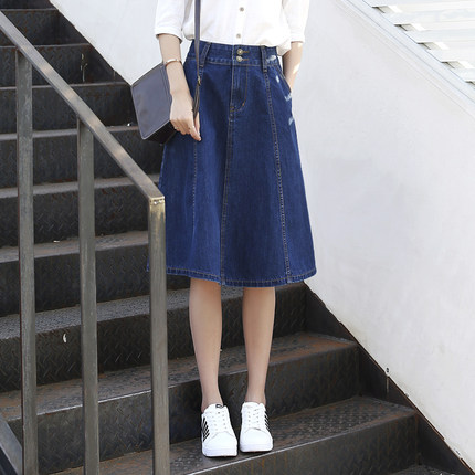 深蓝色牛仔半身裙女2025夏季新款韩版高腰a字中长款大摆伞裙显瘦