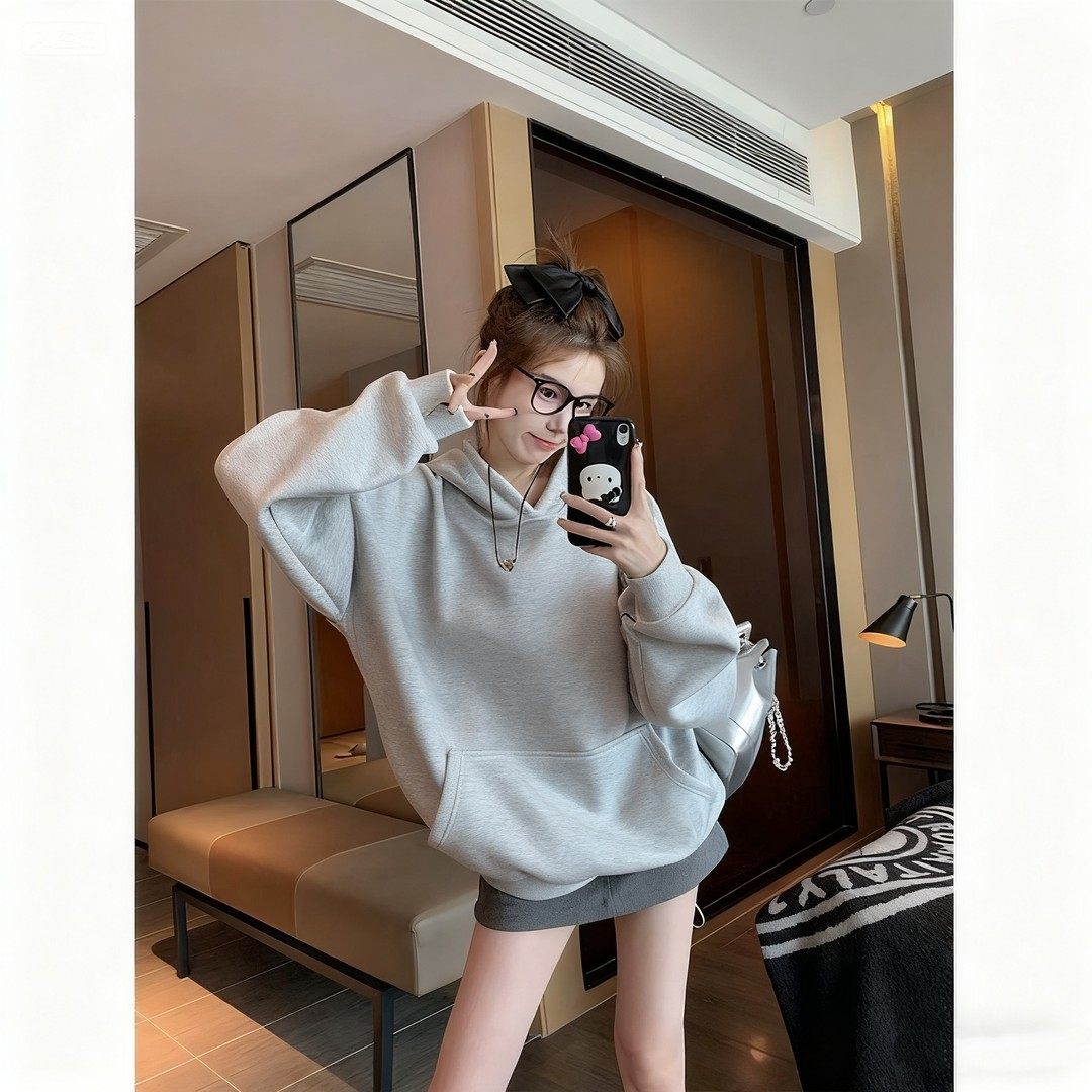 灰色连帽卫衣女春秋季2025新款冬季中长款气质印花加绒加厚套头衫