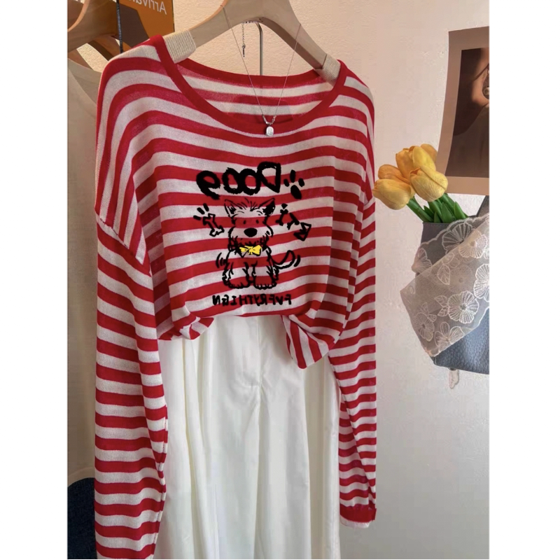 条纹印花长袖t恤女春秋2026新款小个子欧货内搭秋冬洋气打底上衣