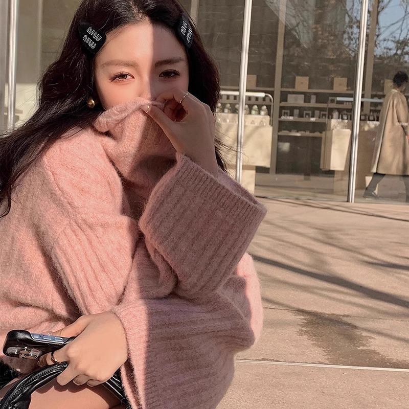 高领毛衣女秋冬加厚韩版设计感套头软糯宽松外穿慵懒风针织衫上衣