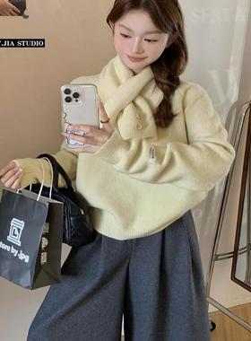 设计感围巾可拆卸套头毛衣女冬季新款小众宽松别致红色上衣针织衫