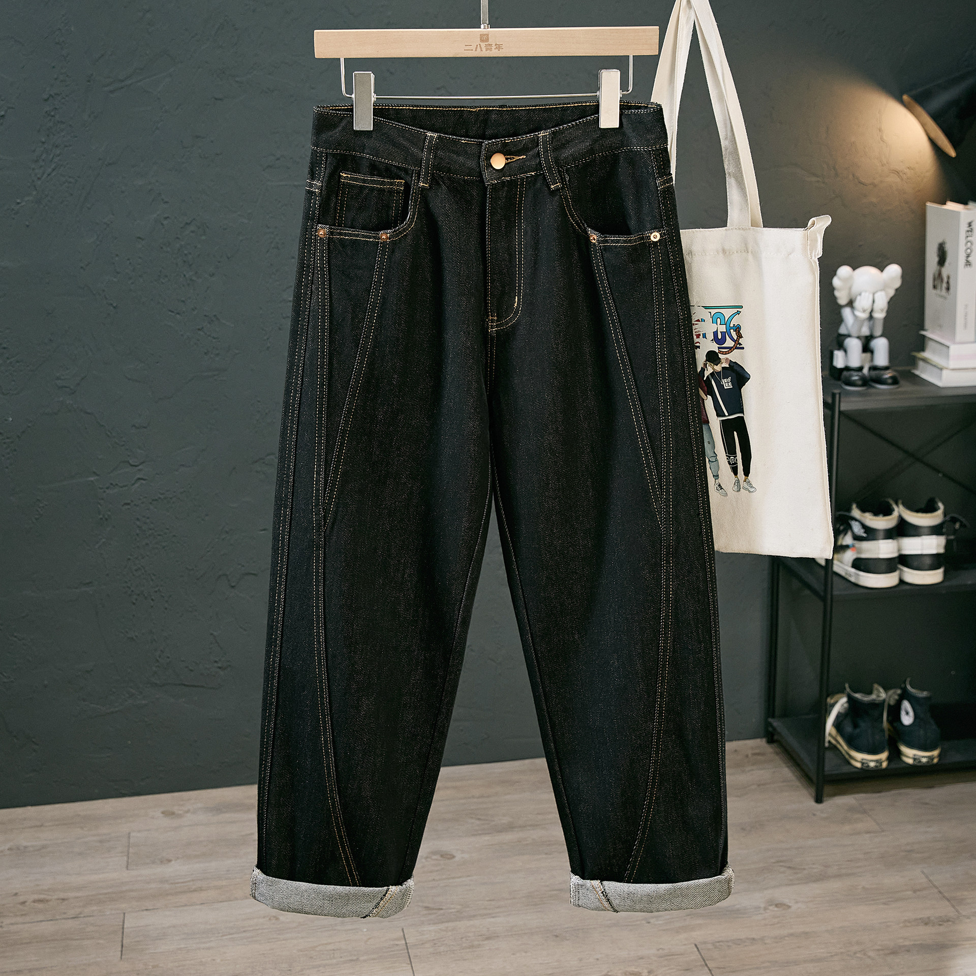 秋季黑色潮流拼接牛仔裤男水洗宽松阔腿直筒裤美式痞帅高级感裤子,男装,牛仔裤,淘宝优惠券,粉丝福利购,淘宝优惠卷
