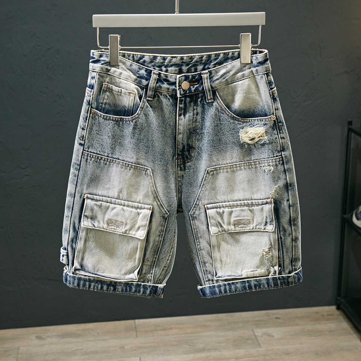 夏季工装口袋解构设计美式复古牛仔短裤男五分裤破洞宽松直筒裤子