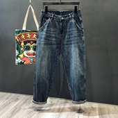 直筒裤 胖子水洗九分潮牌哈伦牛仔裤 春季 子男款 高街阔腿裤 宽松男士