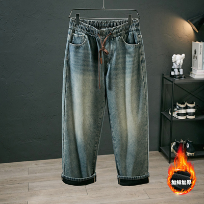 加绒加厚宽松阔腿直筒牛仔裤