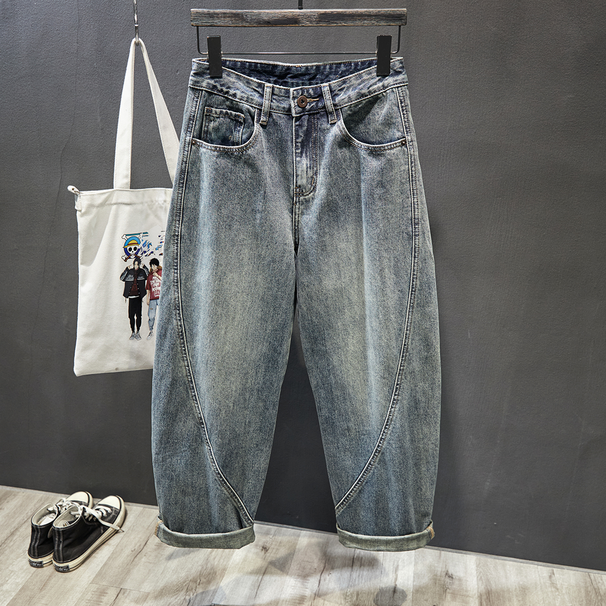 宽松阔腿拖地弯刀长裤牛仔裤春秋