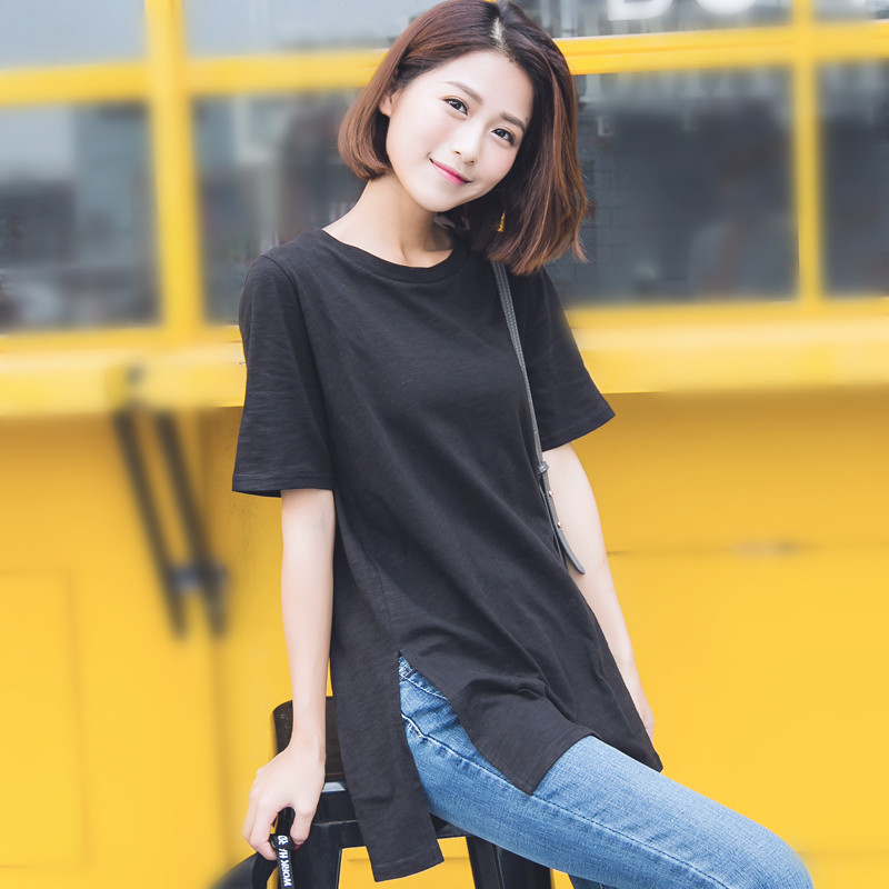 短袖黑色t恤女宽松韩版潮纯棉时尚百搭开叉大码中长款上衣女夏天