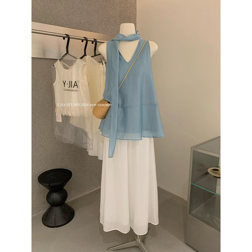 Y.JIA伊嘉十三行天丝飘带显瘦小衫+高腰宽松休闲裤夏季套装女8879