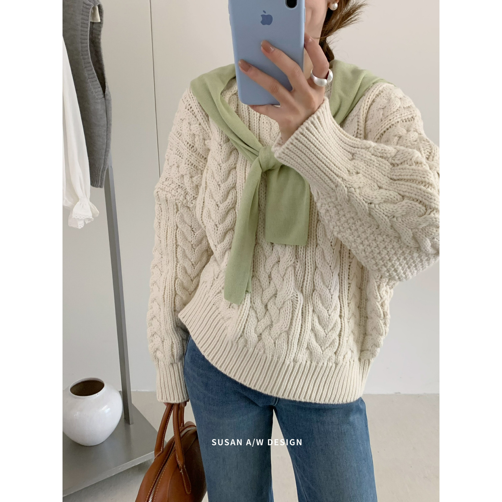 SUSAN东大门秋冬韩代韩标韩系经典麻花纹加厚外穿保暖毛衣女6835