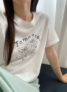芭妮Bonnet十三行夏季韩系雪花棉兰花字母圆领短袖T恤上衣女26077