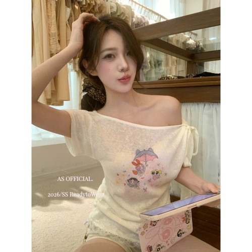 AS OFFICIAL十三行夏季纯欲氛围感印花露肩绑带小衫女配飘带28367