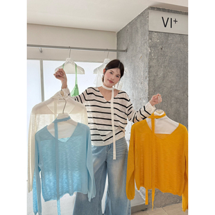 VI+唯一家十三行夏季设计感简约韩系v领防晒针织衫女配飘带96985