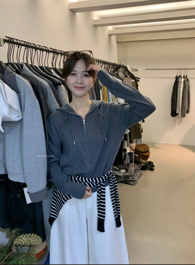 MISS2025十三行秋季经典宽松连帽针织开衫简约双拉链毛衣女A0829