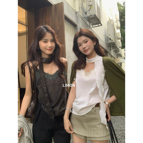 THE LIMON秋季纯欲内搭外穿蕾丝边V领丝绒吊带背心女配飘带11286