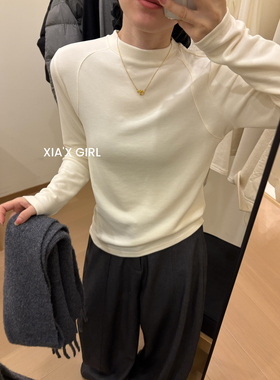 XIA十三行秋冬新款设计感接肩小立领绵羊毛长袖打底衫上衣女HS862