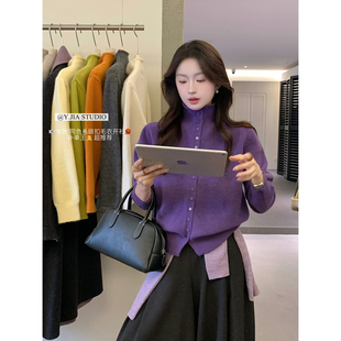 YJIA伊嘉十三行秋冬韩系简约超舒服立领软糯保暖针织开衫女1016-5