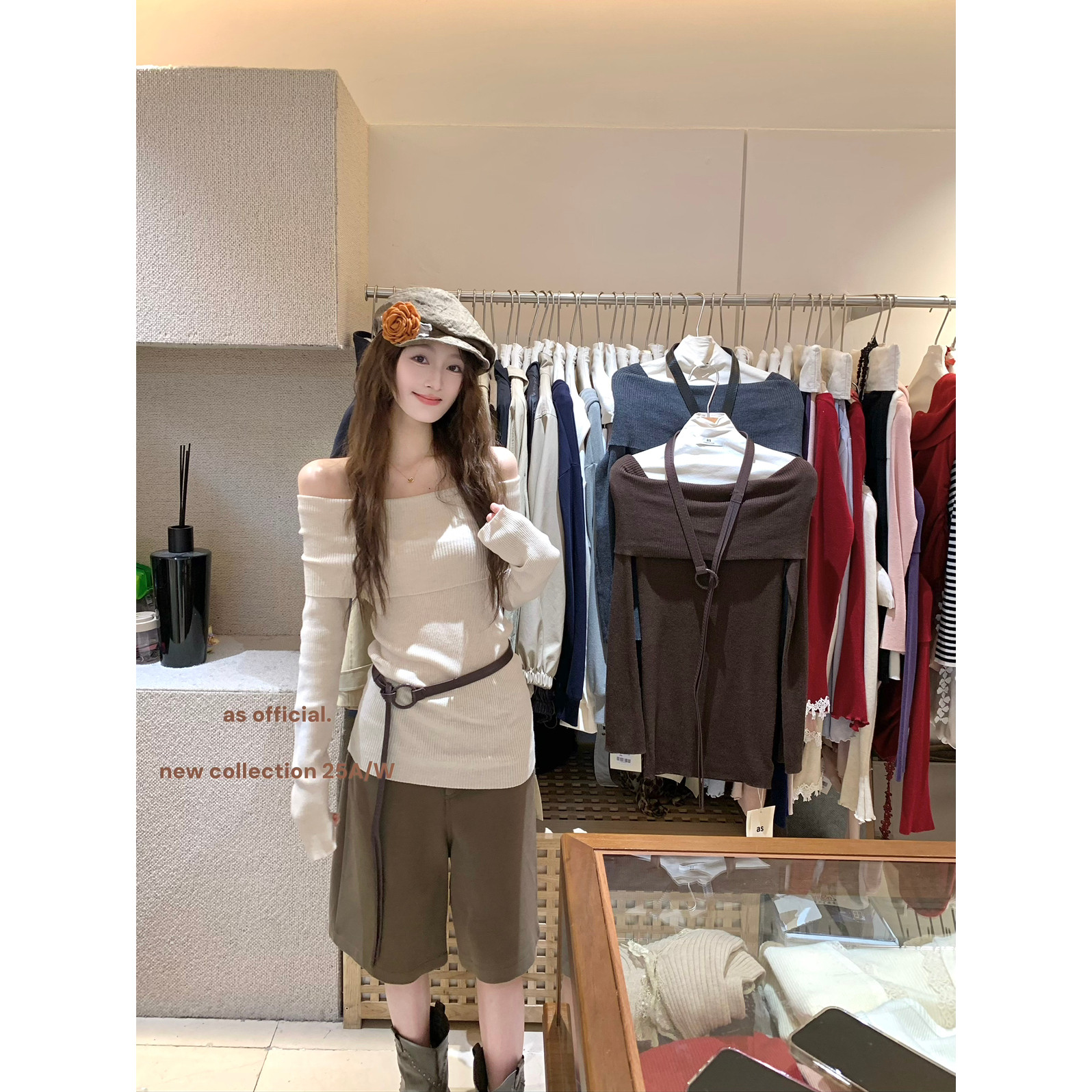 AS OFFICIAL十三行秋显瘦绝美肩线软糯一字肩针织衫女配腰带13728