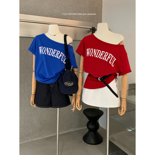 T恤女1176 宽松显瘦百搭斜肩字母印花短袖 Y.JIA伊嘉十三行夏季 美式