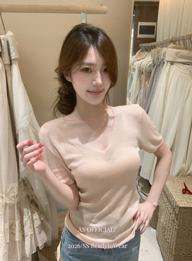 AS OFFICIAL十三行夏季纯欲设计感显瘦薄款上衣v领针织衫女16135