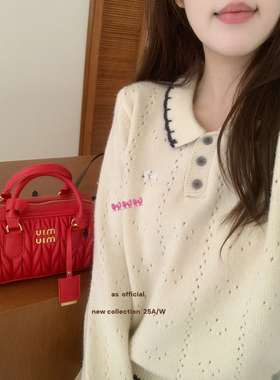 AS OFFICIAL十三行秋冬奶fufu翻领镂空精致刺绣毛衣针织衫女80331