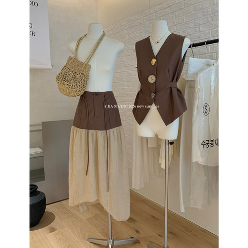 Y.JIA 伊嘉十三行夏季复古马甲上衣+拼接半身裙套装女配腰绳8906