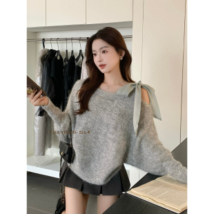 女601 Y.JIA 气少女糖果色亮丝系带露肩软糯奶fufu针织衫 元 伊嘉