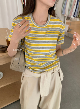 THE LIMON柠檬绿茶-2026夏季韩系拼色条纹宽松短袖T恤上衣女10306