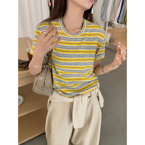 THE LIMON柠檬绿茶-2026夏季韩系拼色条纹宽松短袖T恤上衣女10306