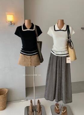 十三行夏季学院风撞色衬衫领上衣POO领T恤休闲显瘦短袖T恤女7509