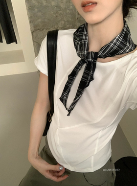 MZI STUDIO夏季韩系气质不规则设计感纯色短袖T恤女配丝巾A10175