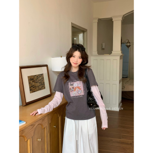 SUSAN T恤女2883s 十三行夏上新韩系慵懒宽松撞色假两件设计感长袖