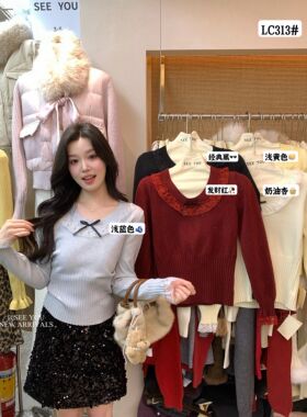 SEE YOU-场券冬复古浪漫蝴蝶结蕾丝花边收腰显瘦针织衫C313LC313