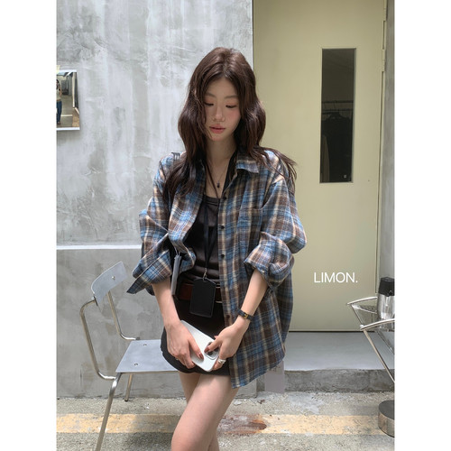 THE LIMON柠檬绿茶秋季慵懒松弛感格纹宽松显瘦设计感衬衫女11087