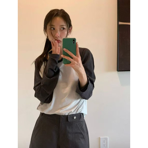 FIFTEEN十三行秋季美式显瘦撞色拼接袖宽松圆领长袖T恤上衣女3676