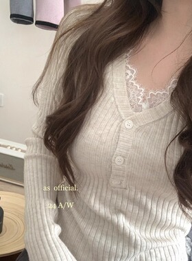 AS法式蕾丝花边拼接假两件气质V领针织衫女秋冬显瘦修身打底上衣