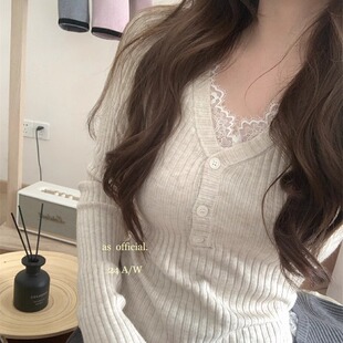 AS法式蕾丝花边拼接假两件气质V领针织衫女秋冬显瘦修身打底上衣