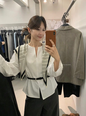 MISS密思家-十三行秋季极简气质V领收腰显瘦修身衬衫女配腰带W693