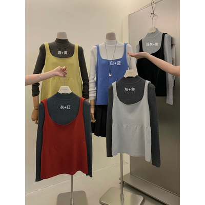 YJIA 伊嘉秋冬小众叠穿百搭显瘦针织衫简约吊带背心套装女8995