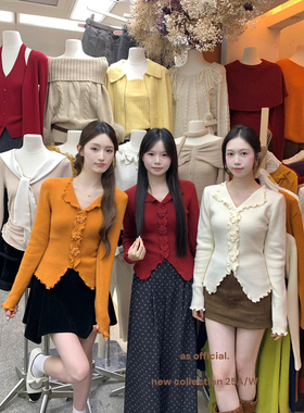 AS OFFICIAL秋冬新款不规则气质温柔木耳边花朵小衫针织衫女13988