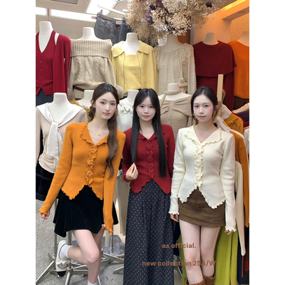 AS OFFICIAL秋冬新款不规则气质温柔木耳边花朵小衫针织衫女13988