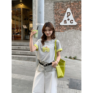 SUSAN T恤女2823s 十三行夏上新减龄设计感双拼色简约高级卡通短袖