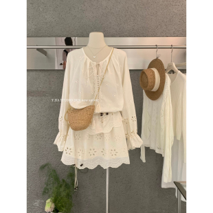 伊嘉 Y26 计感镂空蕾丝喇叭袖 镂空半身裙套装 1112 v领小衫 Y.JIA