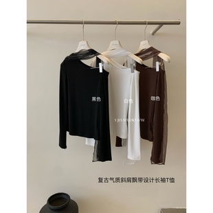 T恤女YS5 显瘦复古气质斜肩飘带设计长袖 7732 新款 Y.JIA十三行秋季