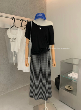 Y.JIA十三行夏季显瘦针织上衣+漫步半身裙慵懒宽松两件套装女6708