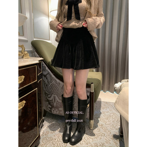 AS OFFICIAL十三行秋冬季高腰显瘦A字丝绒压褶蓬蓬半身裙女29132