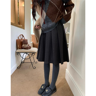 Y.JIA伊嘉十三行秋冬百搭秋冬毛呢百褶中裙显瘦A字半身裙女5762