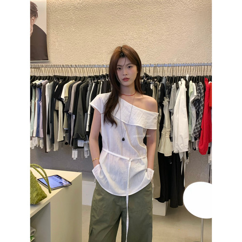 MZI STUDIO夏季斜肩收腰系带笨蛋美女气质套头上衣女配腰绳157265