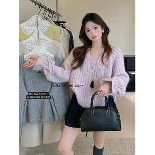 女7825 针织衫 YJIA伊嘉十三行秋冬新款 宽松慵懒风休闲气质泡泡袖
