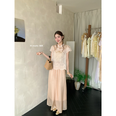 MSTUDIO十三行夏季新中式国风天丝刺绣花边下摆短袖衬衫女C7316